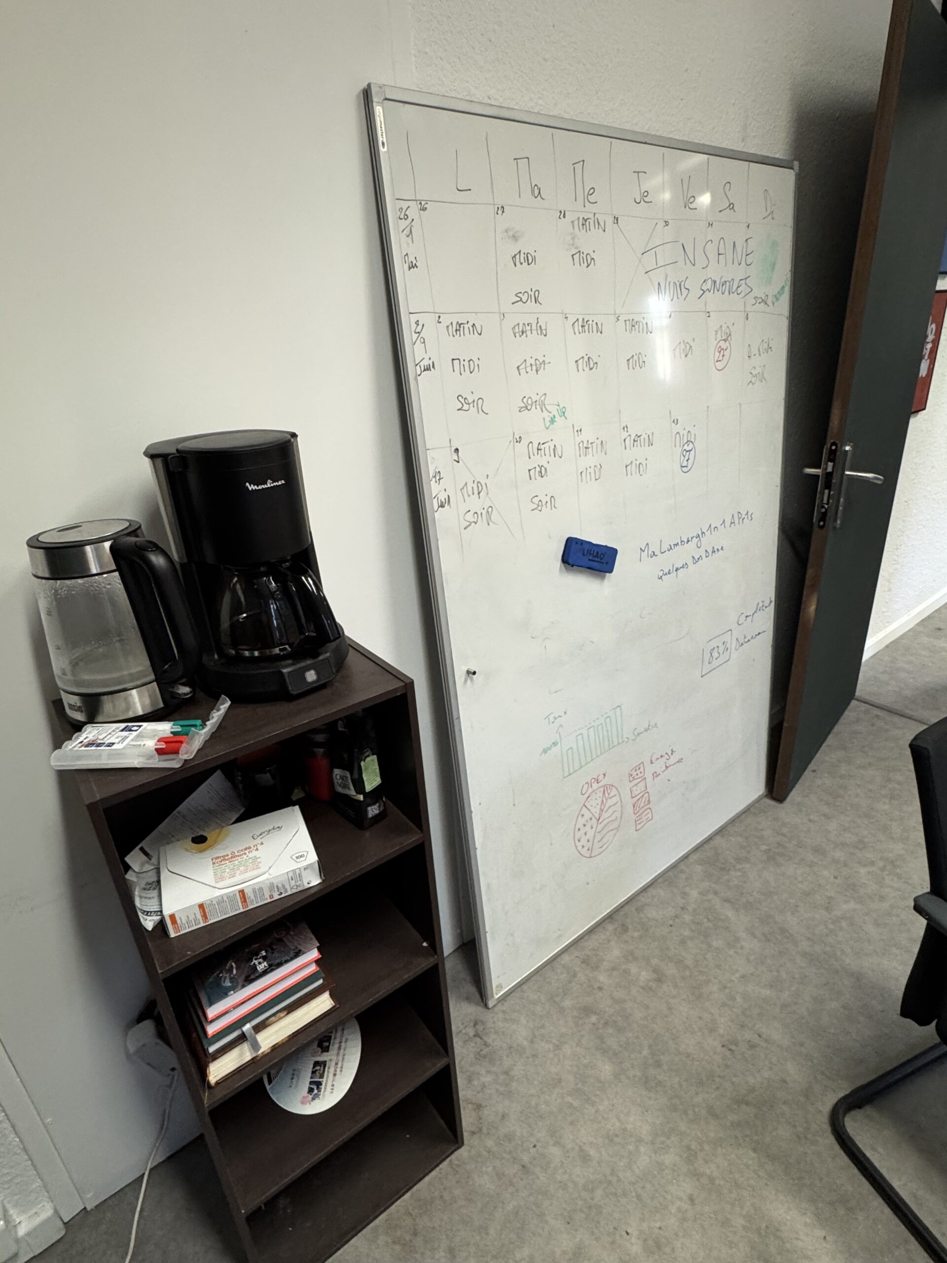 Tableau blanc à côté d’une bibliothèque, d’une machine à café et d’une bouilloire.