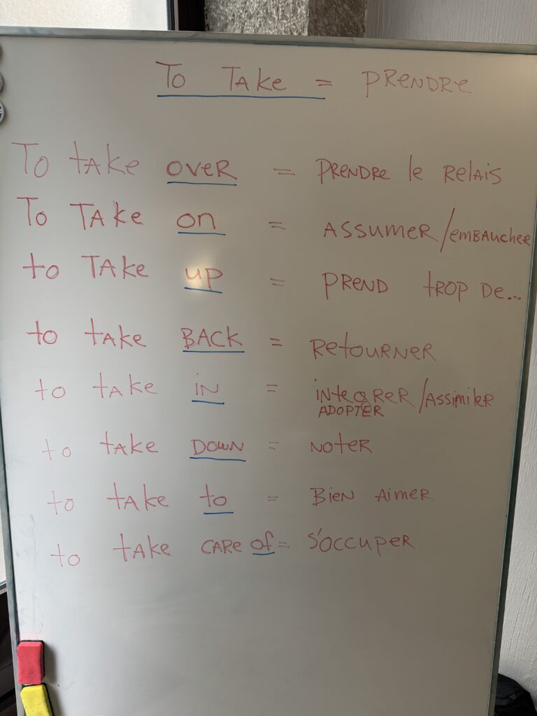 Tableau de cours présentant les expressions anglaises avec « take » et leurs traductions françaises.